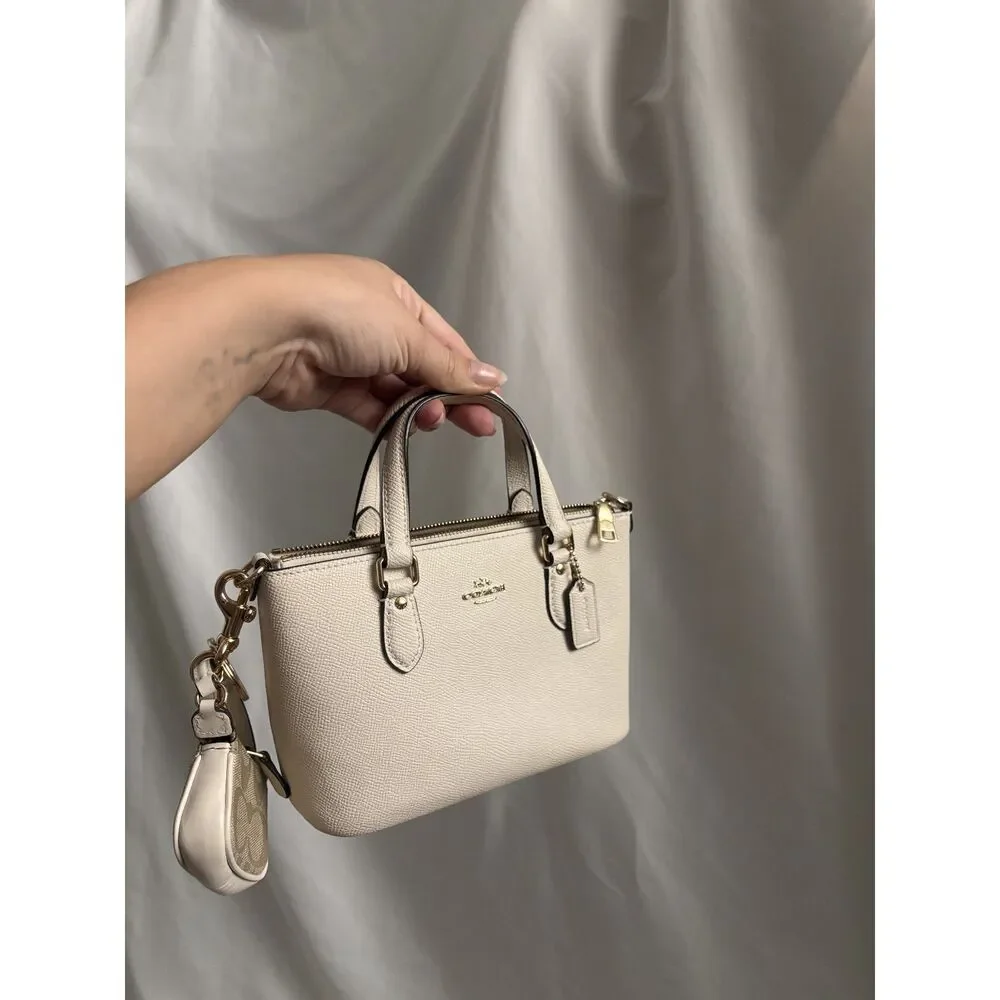 Coach Mini Gallery Bag Crossgrain Leather Chalk White with Pouch Charm and Strap